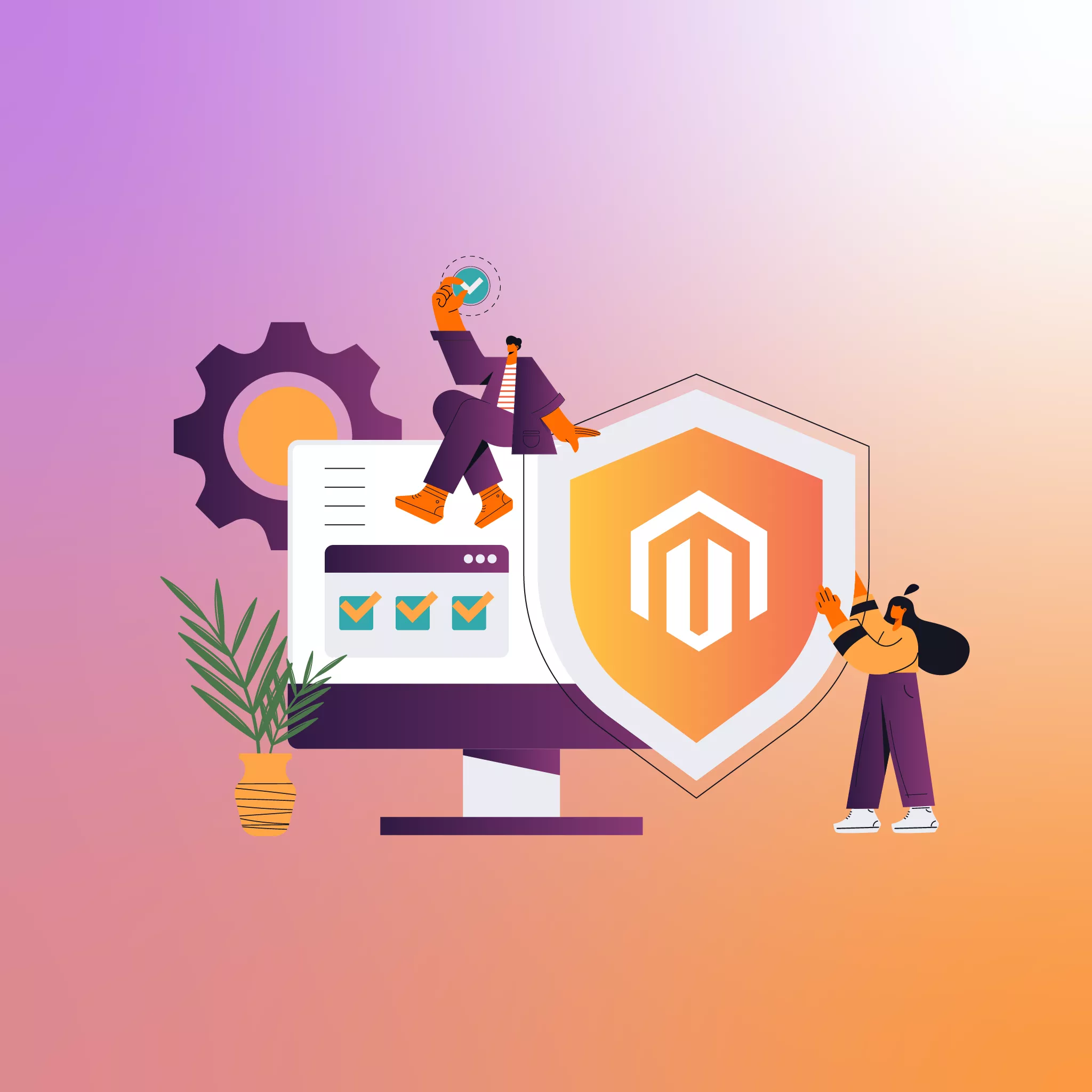 Team working on Magento 2 security extensions, showcasing a security shield with the Magento logo for enhanced online store protection.