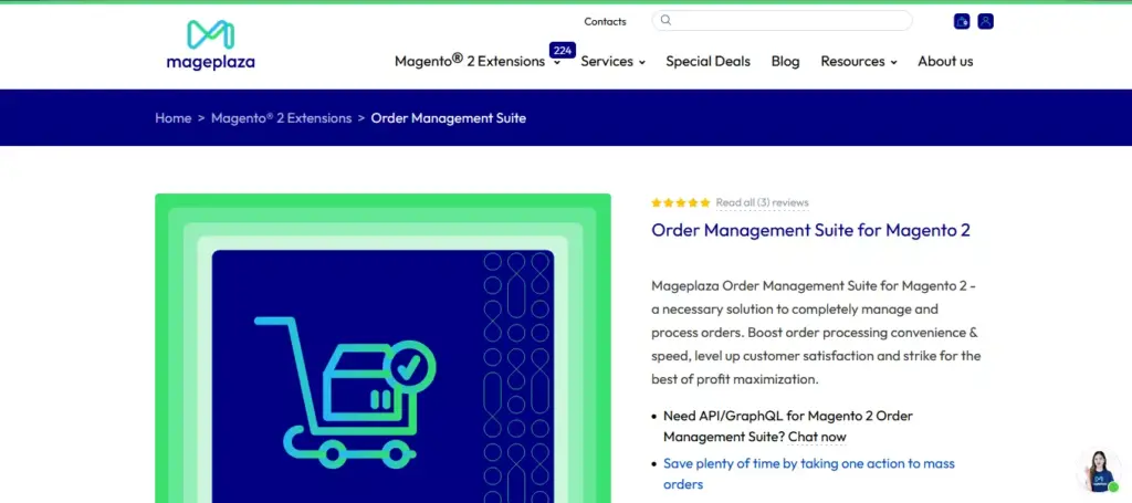 Screenshot of Mageplaza's Order Management Suite website - Simplify order handling, streamline operations, and enhance e-commerce efficiency with this comprehensive tool.