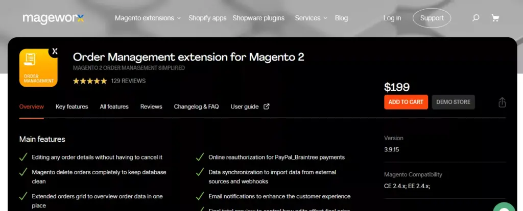 Screenshot of Mageworx's Order Management For Magento 2 website 