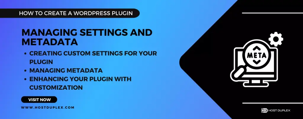 Image featuring the heading 'Managing Settings and Metadata' alongside a metadata icon, spotlighting this crucial phase in how to create a WordPress plugin.