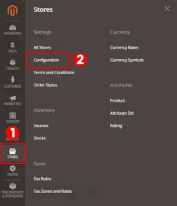 Screenshot of Magento dashboard: Navigating to 'Store, Configuration' for IP whitelisting setup in Magento 2.