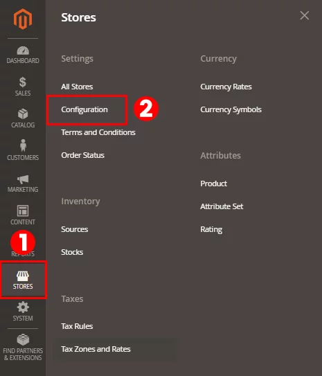 Magento 2 dashboard screenshot showing navigation to 'Stores' then 'Configuration' for limiting login attempts