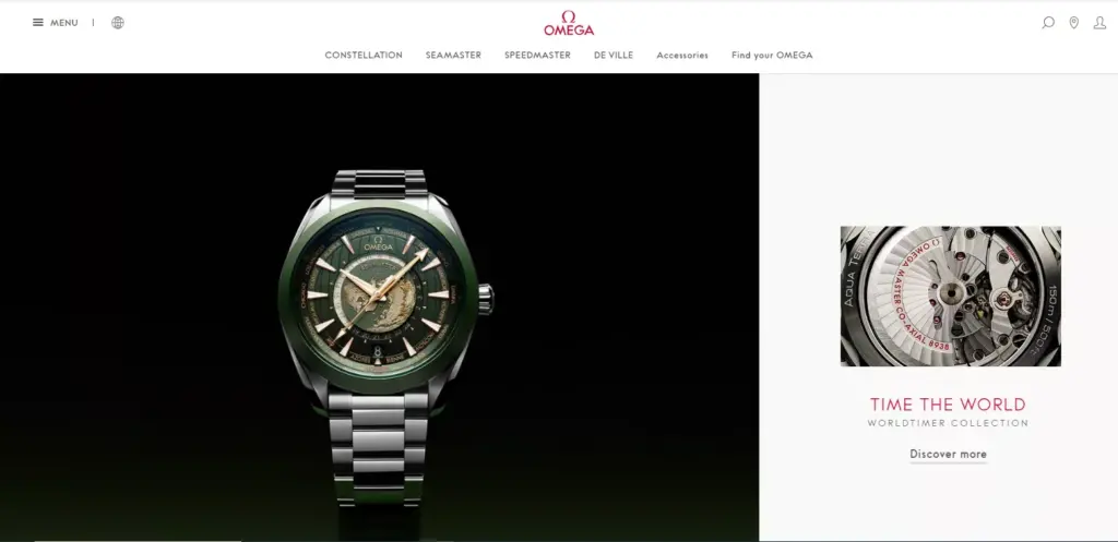 Omega's official website homepage showcasing luxury watches and brand aesthetics.