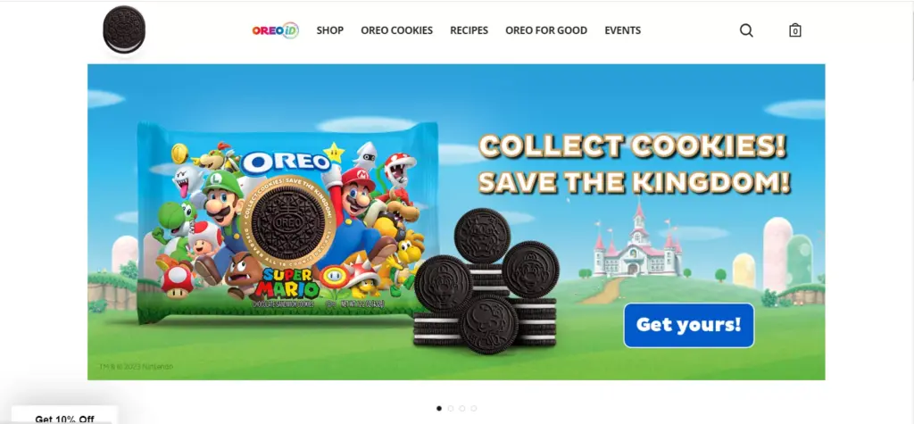 Oreo's official website homepage displaying their classic cookies, new flavors, and playful branding