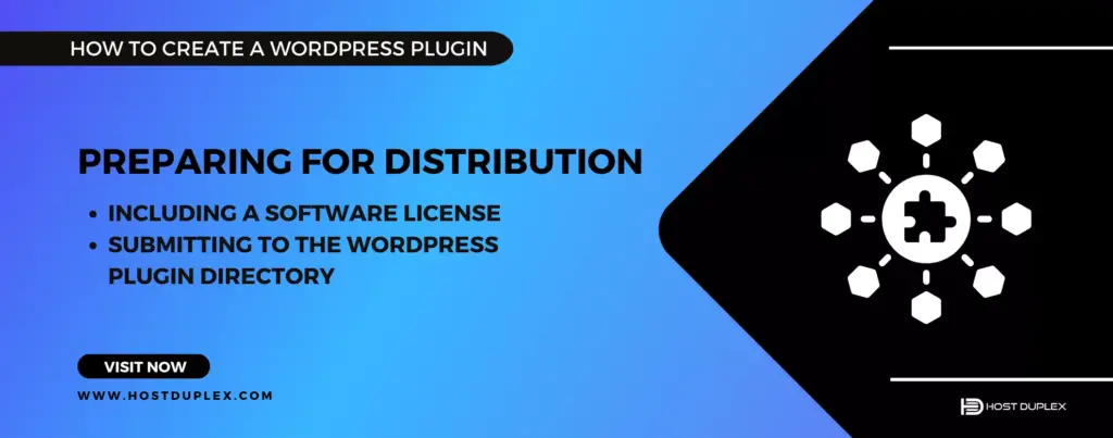 Image highlighting the heading 'Preparing for Distribution' with an icon symbolizing plugin distribution, emphasizing this final stage in how to create a WordPress plugin.