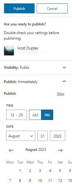 screenshot of scheduling option for the post to be published automatically on a specific time and date.