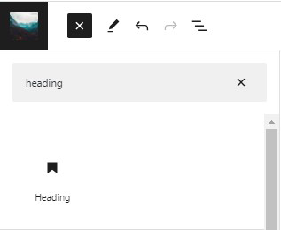 screenshot of searching Heading block to add it in the WordPress post