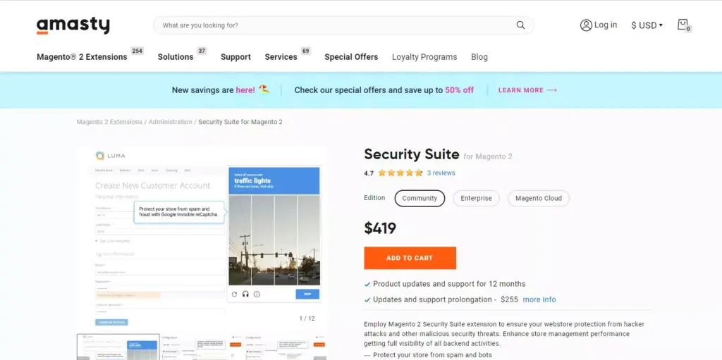 Screenshot of the Security Suite by Amasty website, displaying features and details of the Magento extension designed to enhance online store security.