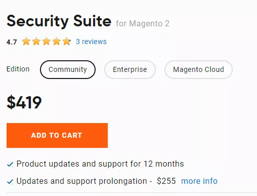 Screenshot of the pricing page for the Security Suite by Amasty, showing various packages and costs for this Magento security extension.