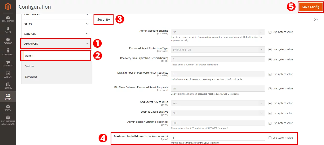 Screenshot of Magento 2 dashboard: Navigating through 'Advanced' srcset=