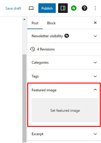 screenshot of Feature Image section to add the thumbnail image for the post.