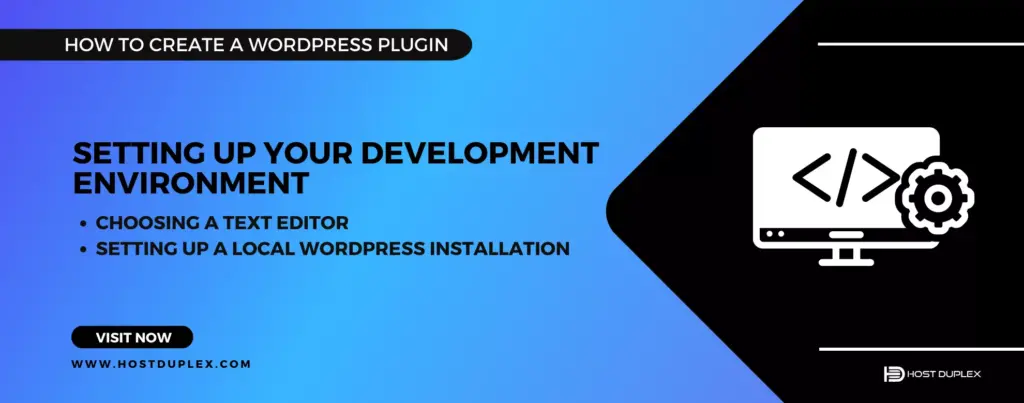 Image featuring the text 'Setting Up Your Development Environment' with an icon symbolizing the development process, highlighting this crucial step in how to create a WordPress plugin.