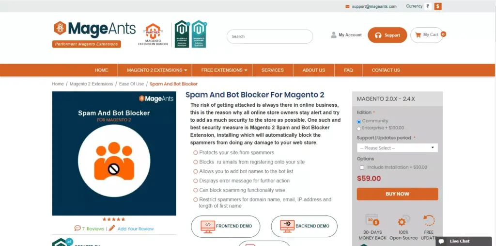 Screenshot of the website for Spam and Bot Blocker for Magento 2 by MageAnts, highlighting the extension's features to protect Magento stores from spam and bots.