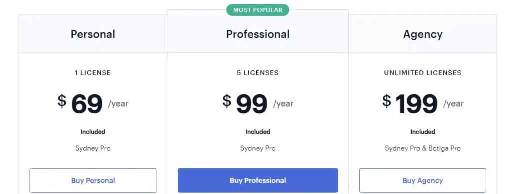 Pricing details for the 'Sydney' customizable WordPress theme