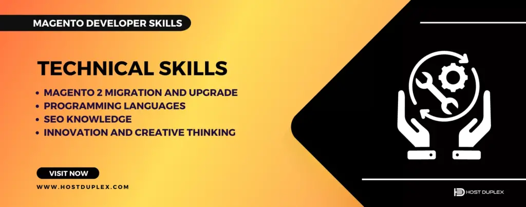 Magento developer demonstrating technical skills, including programming languages, Magento 2 migration, SEO knowledge, and creative thinking.