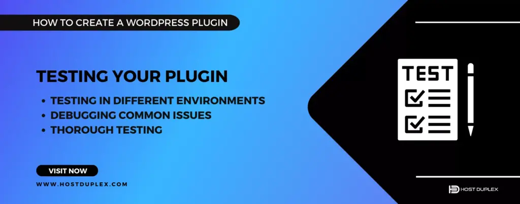 Image showcasing the heading 'Testing Your Plugin' complemented by a testing report icon, underlining this critical step in how to create a WordPress plugin.