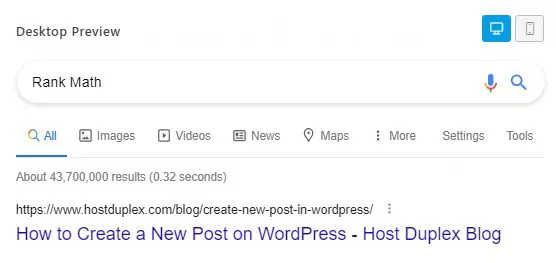 Screenshot of Title Preview of the post in the search engine results