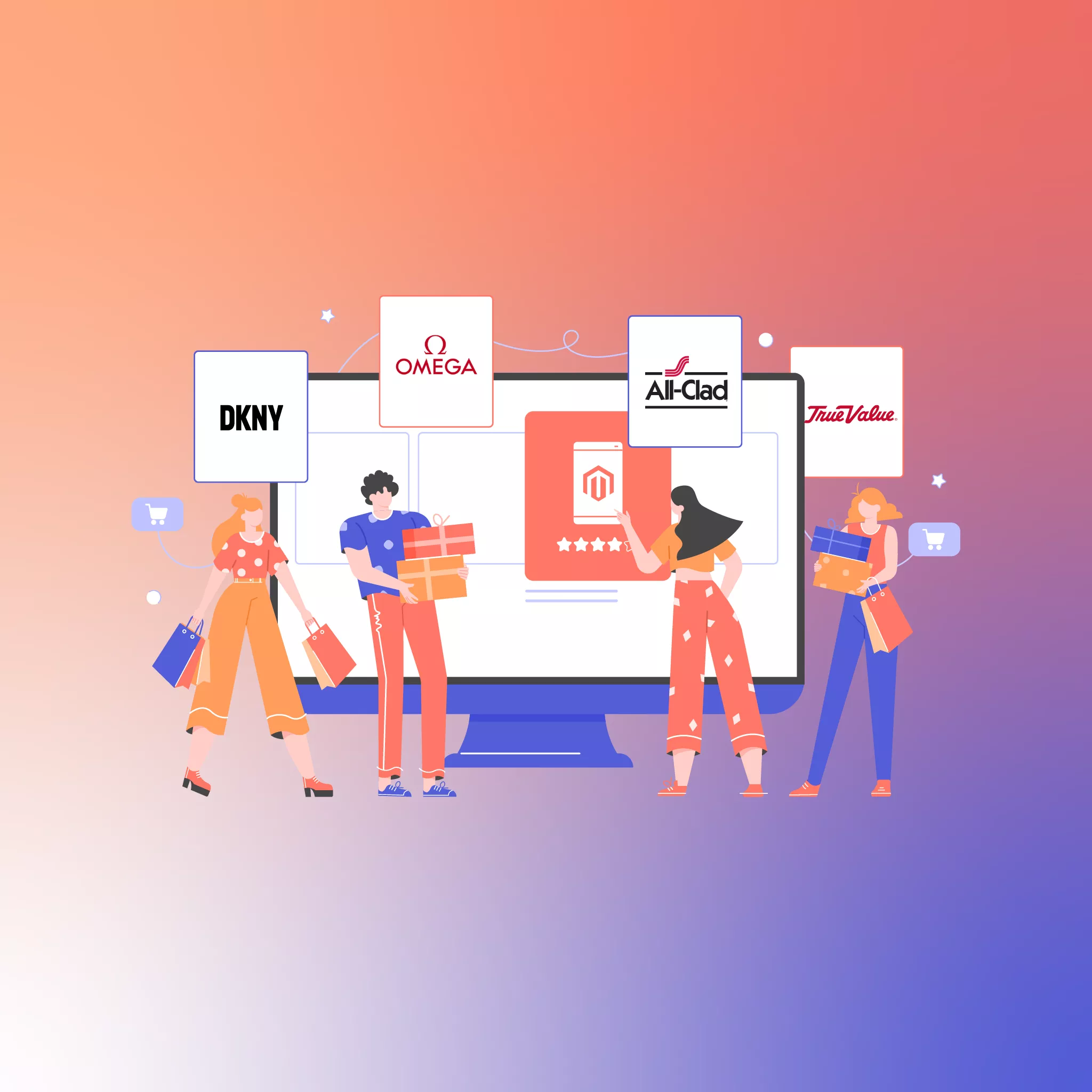 "Featured image illustrating shoppers engaging with various Magento-powered brand websites, highlighted by prominent logos of top brands using the Magento e-commerce platform for the 'Top 75+ Brands Using Magento' article.
