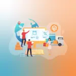 A group of professionals utilizing Magento order management tools on their screens, ensuring seamless order handling. In the background, a delivery truck symbolizes efficient product delivery.