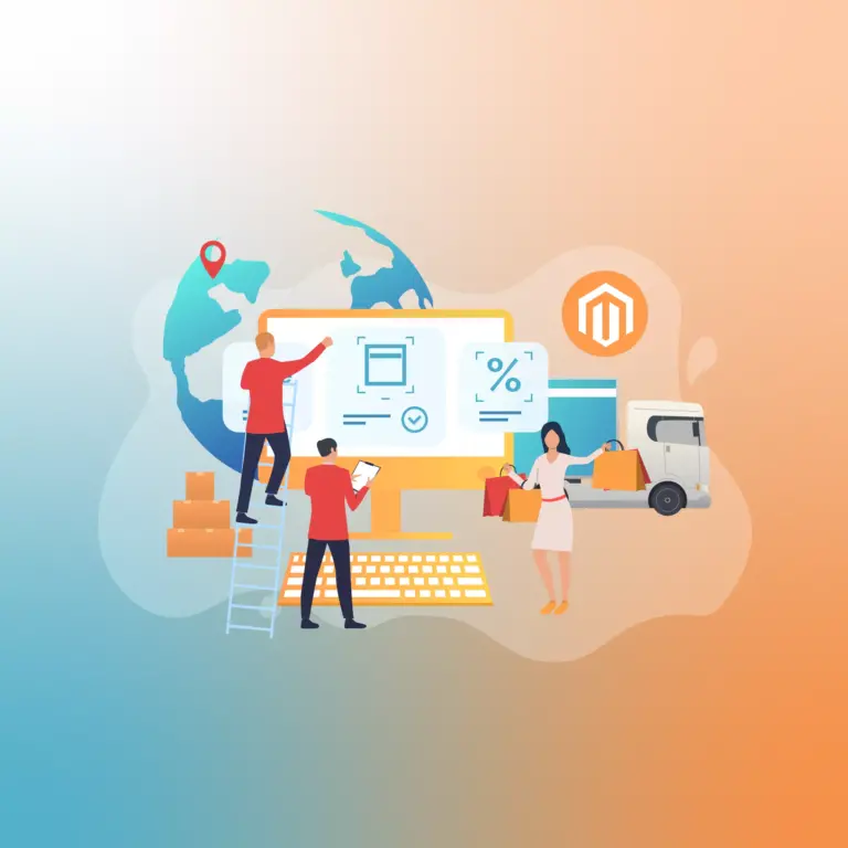 A group of professionals utilizing Magento order management tools on their screens, ensuring seamless order handling. In the background, a delivery truck symbolizes efficient product delivery.