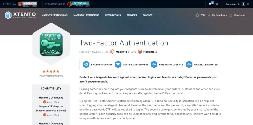 Screenshot of the Two-Factor Authentication by XTENTO extension website, showcasing a key Magento 2 security feature for enhanced login protection.