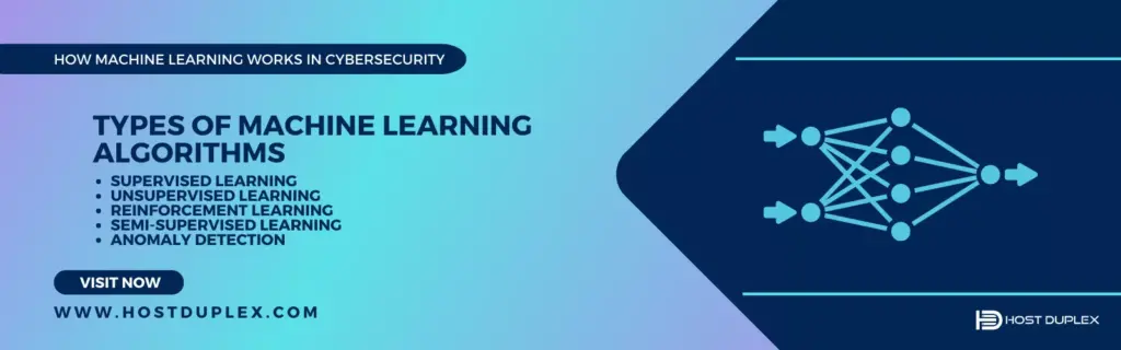 Text and icon of data processing algorithm illustrating the various types of machine learning algorithms used in cybersecurity.