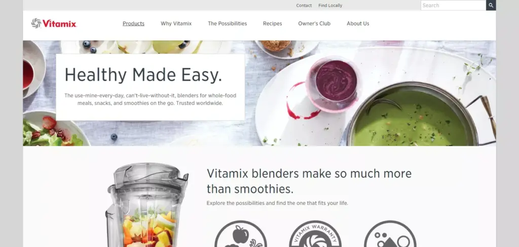 Vitamix official website homepage showcasing their premium blenders and kitchen appliances for healthy living.
