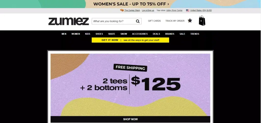 Zumiez official website homepage displaying their trendy skate and snowboard apparel and gear collections