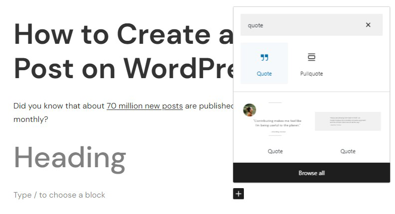 screenshot of adding Quote block in WordPress block editor while creating a post.