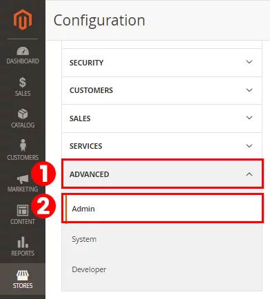 Screenshot of Magento dashboard: Accessing 'Advanced' srcset=