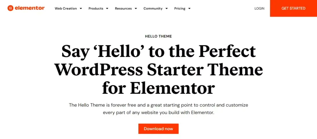 Screenshot of the official website showcasing the customizable WordPress 'Hello Elementor' theme