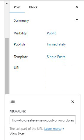 Screenshot of the URL slug/permalink section of post in WordPress block editor