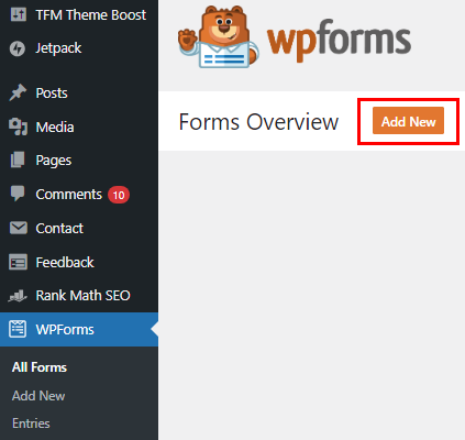 Screenshot displaying the 'Add New' button in WPForms within the WordPress dashboard.