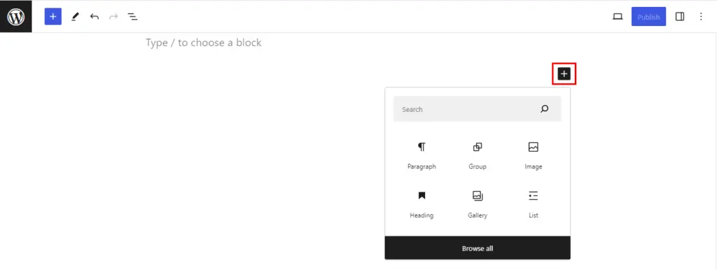 screenshot of adding blocks in your post or page