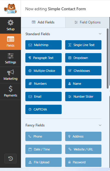 write SEO otpimized alt text for screenshot for selecting "simple contact form" template in wpfrom in the process of creating contact form

