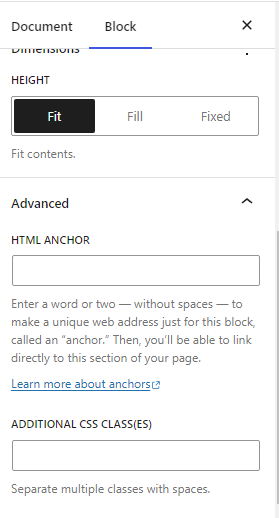 screenshot displaying advanced block settings in WordPress block editor.