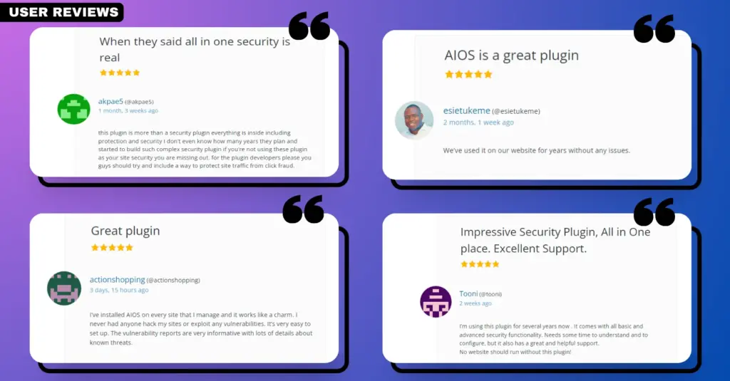Screenshot showcasing user reviews and ratings for the 'All In One Security AIOS' plugin, reflecting user experiences and feedback.