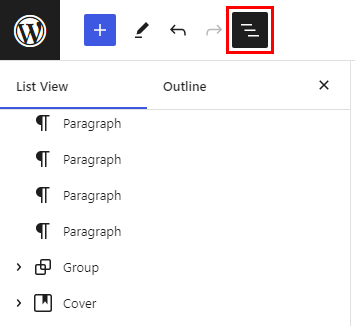 Screenshot of block navigation panel in WordPress block editor