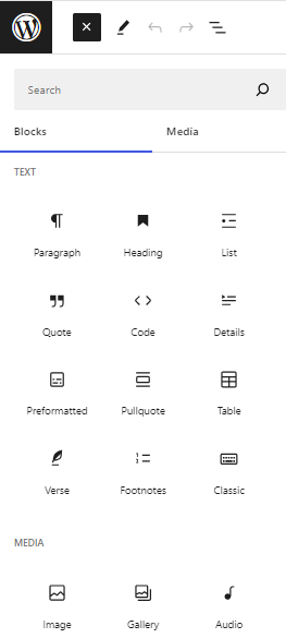 Screenshot of block library showing various blocks in WordPress block editor