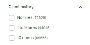Screenshot of the 'Client History' filter options on Upwork's search page.