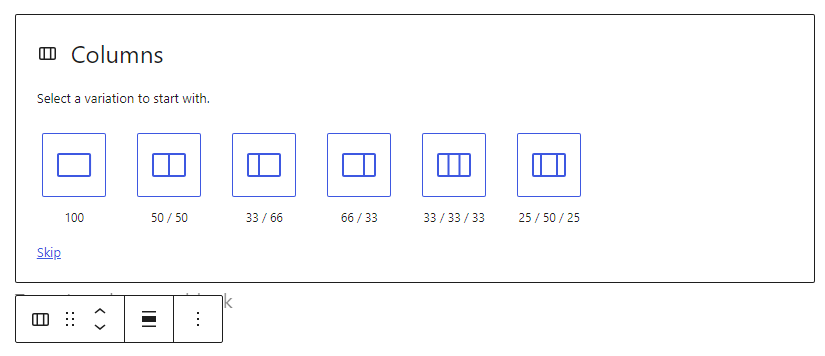 Screenshot of Column block in block editor