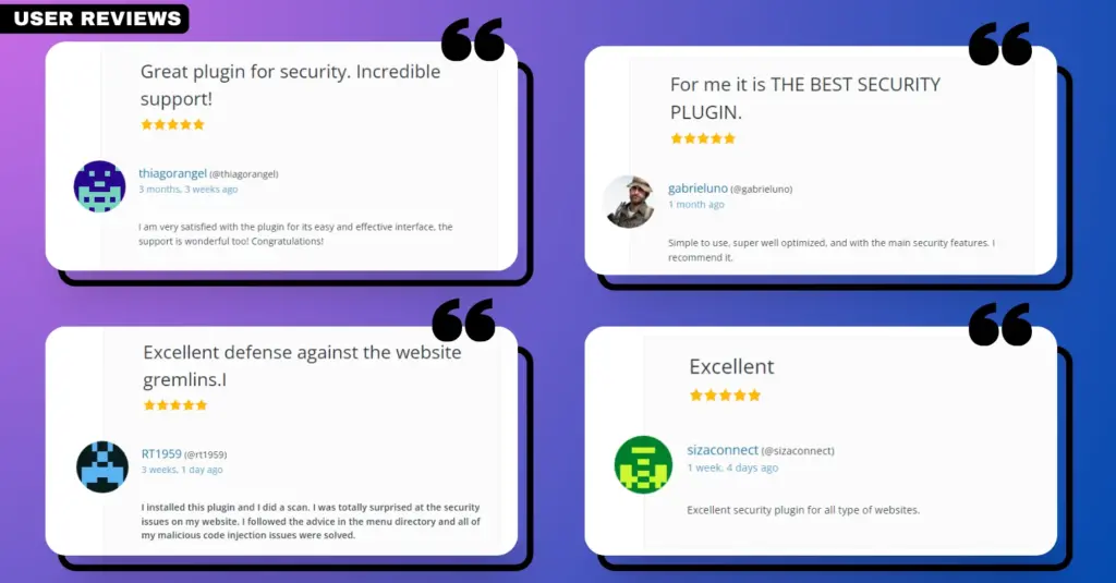 Screenshot capturing user reviews and feedback for the 'Defender Security' plugin