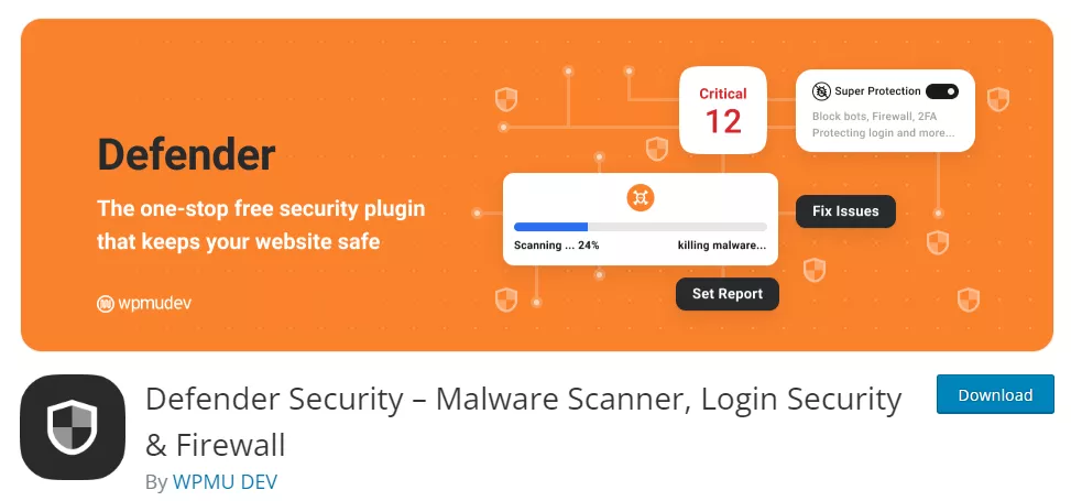 Screenshot of the 'Defender Security' plugin listing in the WordPress repository