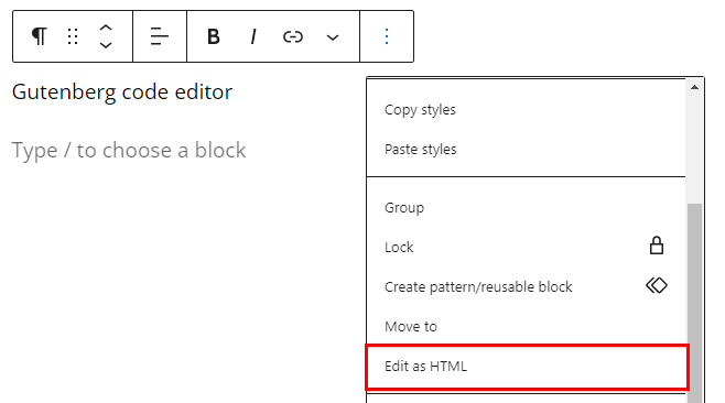 Screenshot displaying direct source code editing feature of WordPress Block Editor