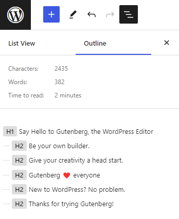 Screenshot displaying document overview panel of WordPress Block editor