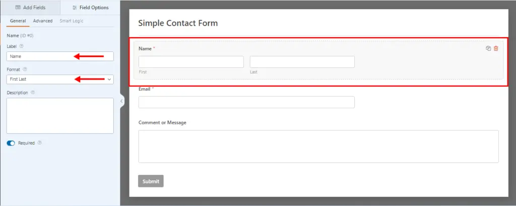 Screenshot highlighting the editing options for existing fields in WPForms, demonstrating customization during WordPress contact form setup.