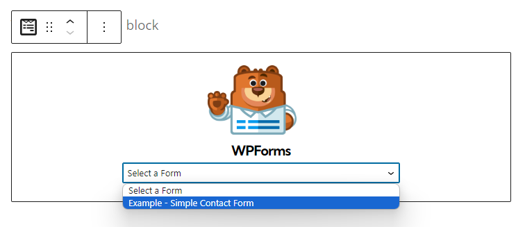 Screenshot highlighting the selection of a specific form in WPForms during the embedding process in WordPress.