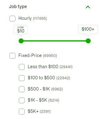 Screenshot of the 'Job Type' filter options on Upwork's search page.