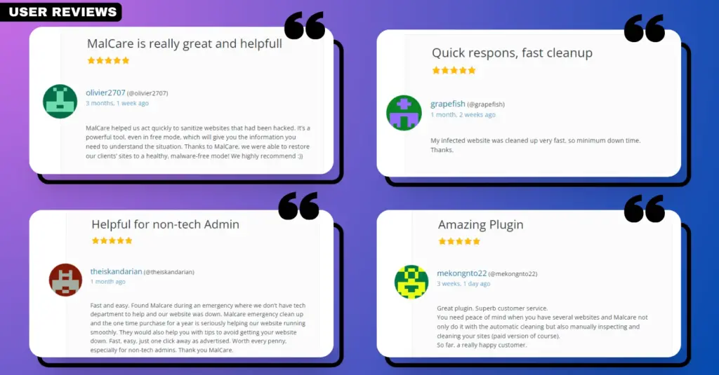 Screenshot presenting user reviews and testimonials for the 'MalCare' plugin