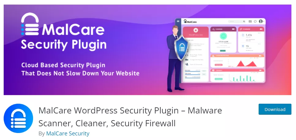 Screenshot of the 'MalCare Security' plugin listing in the WordPress repository